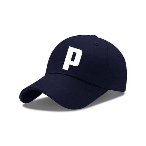 A navy cap with a white P logo in front of it