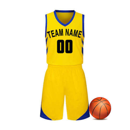 A yellow sleeveless jersey and shorts with blue stripes placed alongside a basketball