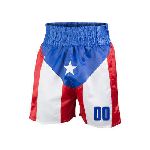 Blue shorts with white-red stripes and stars resembling the American flag