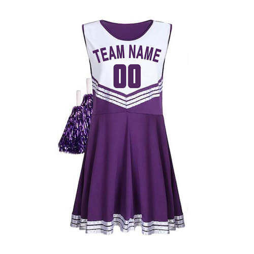 A purple and white cheerleader jersey and skirts, placed right beside two purple pom poms