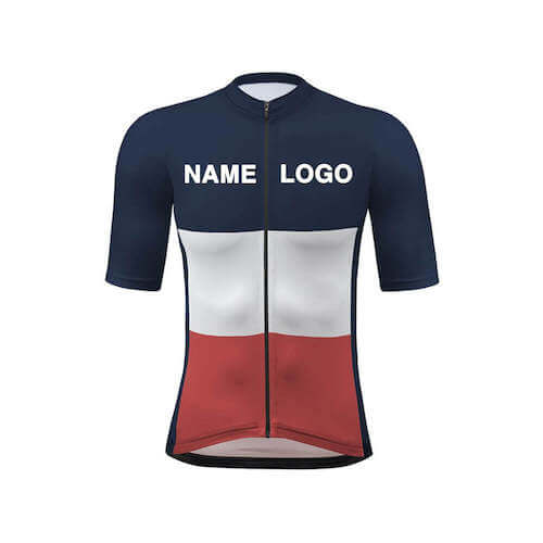 A cycling jersey in blue chest and sleeves and white and orange at the bottom respectively