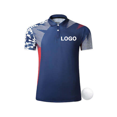 A blue polo shirt with white designs on the sleeves and an orange pattern on one side, placed beside a white golf ball