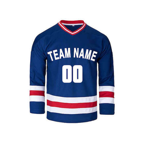 A blue hockey jersey with red-white stripes on the neck and at the edge of the sleeves and bottom