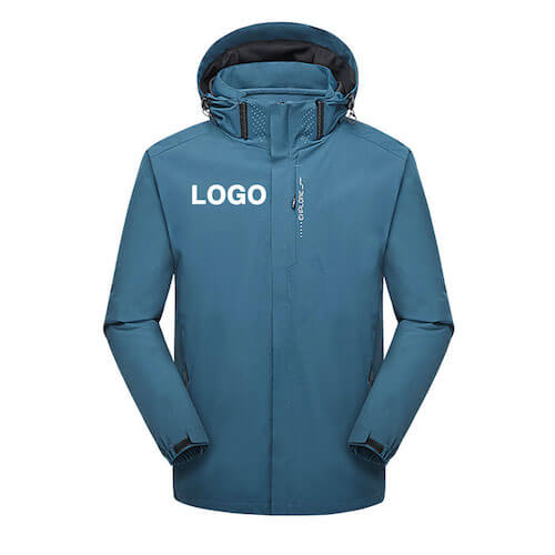 A turquoise windcheater with a hood and ‘LOGO’ printed on it