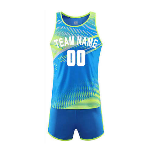A running jersey and shorts of fluorescent green and blue with ‘TEAM NAME’ and ‘00’ printed on it in white
