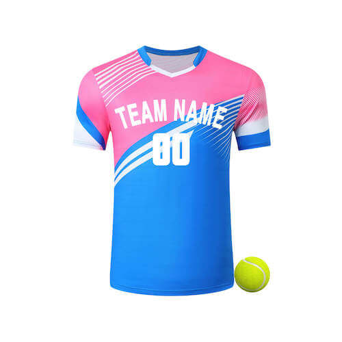 A tennis jersey in pink and blue with blue-white stripes on the neck and sleeves, placed beside a tennis ball