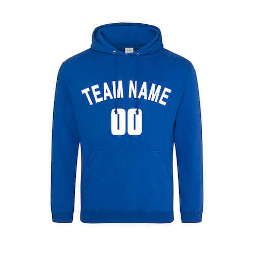 A blue hoodie with ‘TEAM NAME’ and ‘00’ printed on it in white