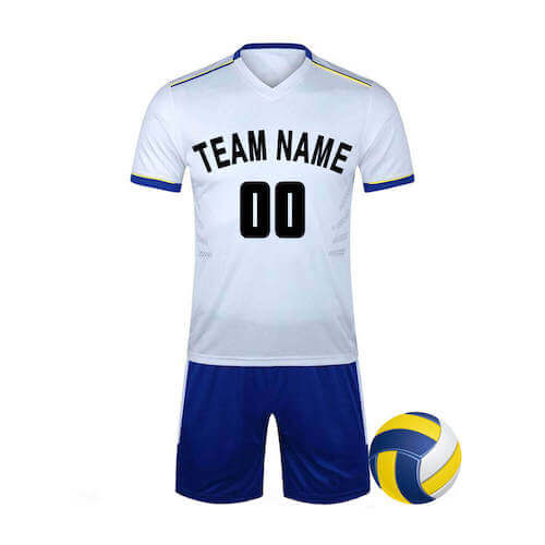 A white volleyball jersey with blue stripes along with blue shorts, placed next to a volleyball