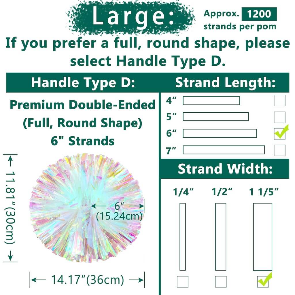 2Pcs Set Iridescent Cheer Pom Poms – 4 Handle Options