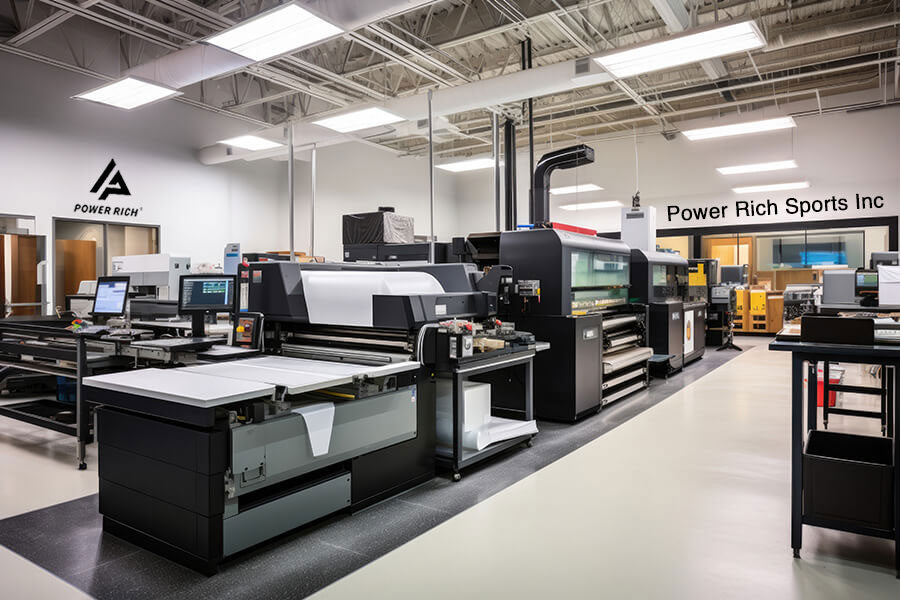 Large-format digital printers and workstations inside a clean, modern printing facility labeled Power Rich Sports Inc. with overhead lighting and visible equipment.