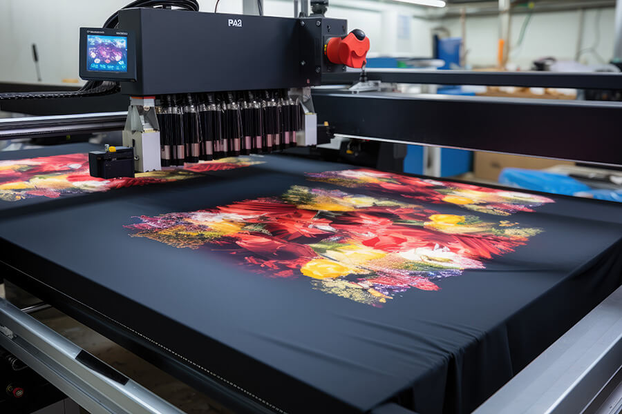 A digital textile printer prints a colorful floral pattern onto a large piece of black fabric in a modern production facility.