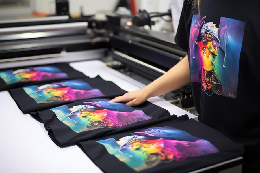 Person holding printed t-shirts with colorful designs in front of a large printer.