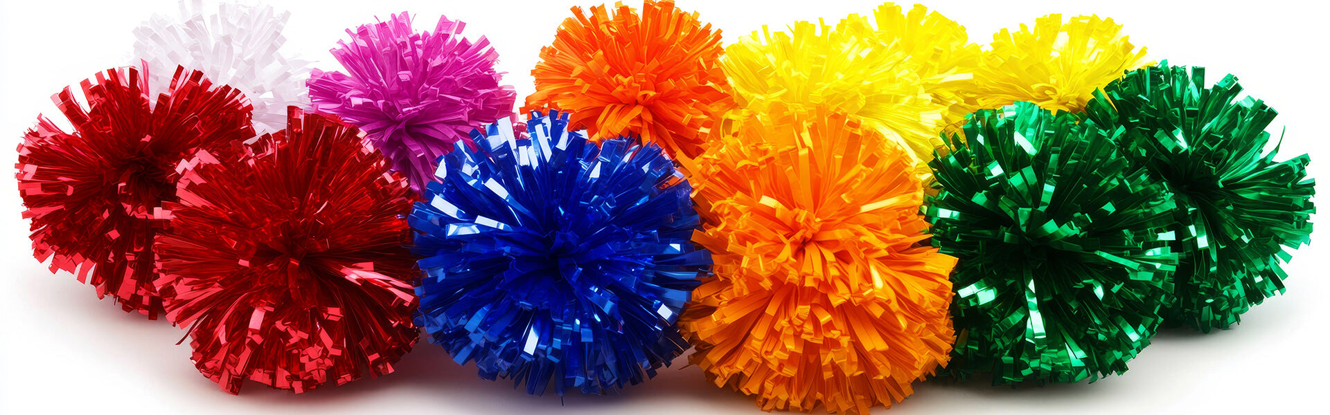 A vibrant array of cheer pom poms, showcasing shades of red, blue, green, pink, orange, and yellow, is artfully arranged in a cluster against a pristine white background.