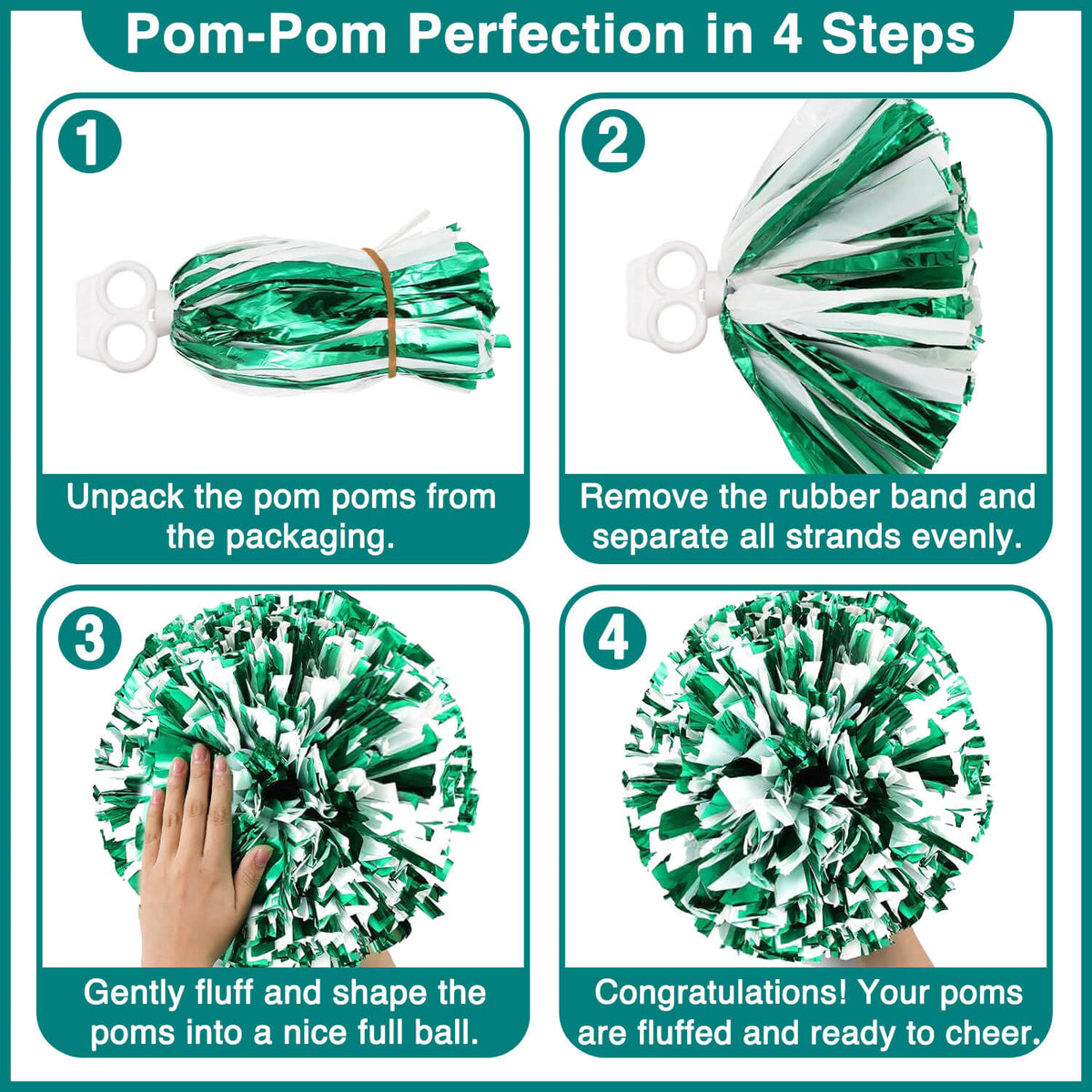 Step-by-step guide to fluffing pom poms: unpack, remove the rubber band, shape strands into a ball, and finalize poms for cheering.