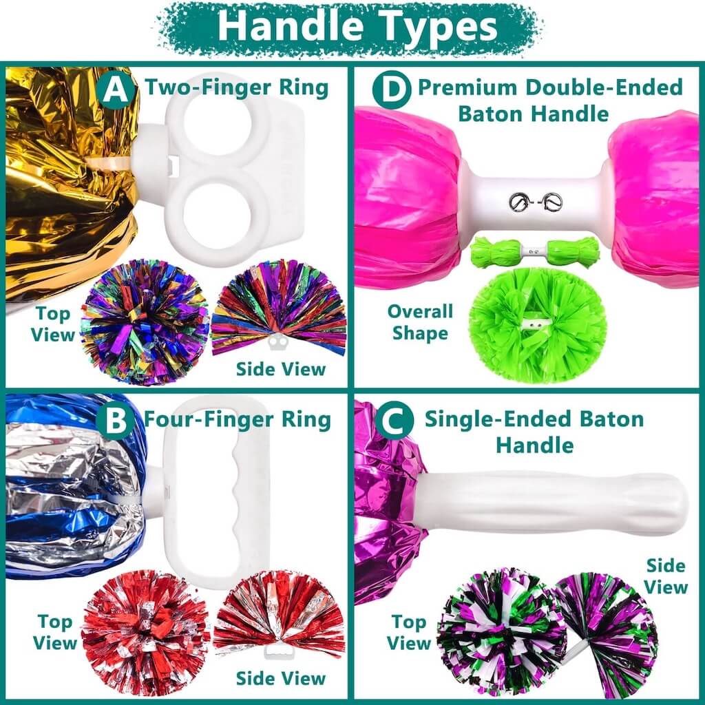 Comparison of four pom-pom handle types with Top and Side views: A) Two-Finger Ring, B) Four-Finger Ring, C) Single-Ended Baton Handle, D) Premium Double-Ended Baton Handle