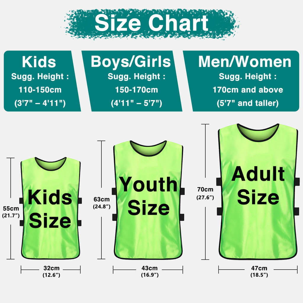 Size chart for green sports vests with dimensions and height suggestions for kids, boys/girls, and men/women.