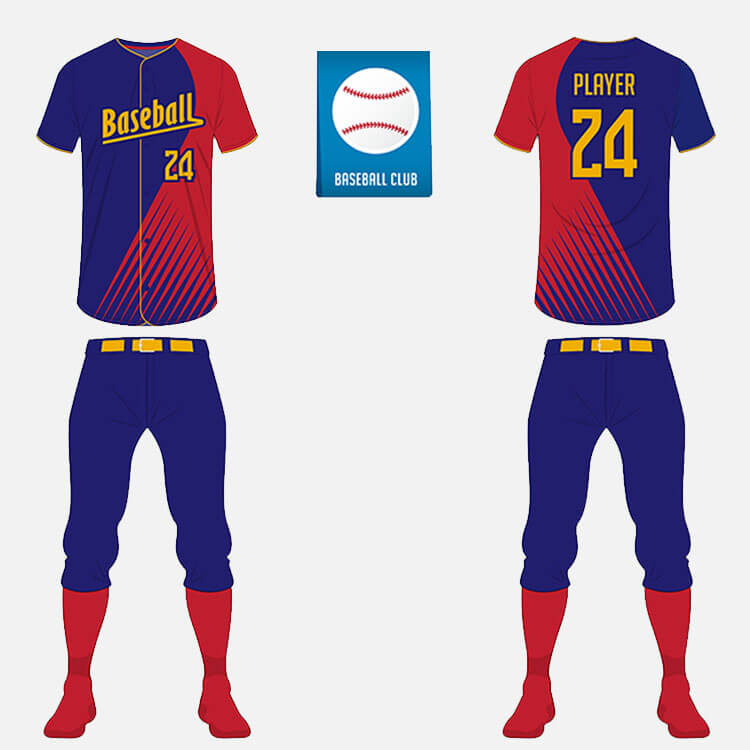 Front and back view of a blue, red, and yellow baseball uniform with the number 24, red socks, and a baseball club logo in the center.
