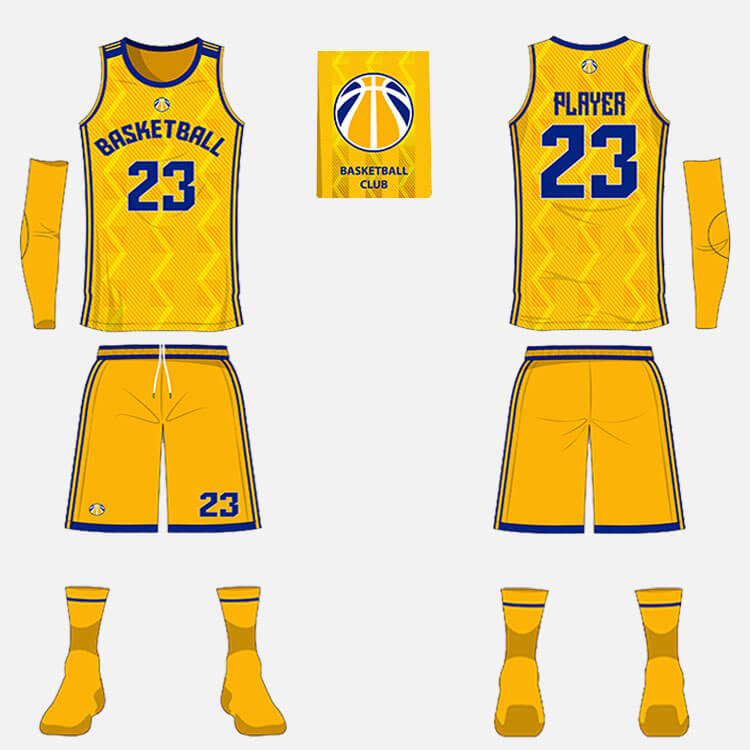 	
Yellow and blue basketball uniform set with the number 23, including jersey, shorts, socks, shoes, and arm sleeves, shown from front and back.