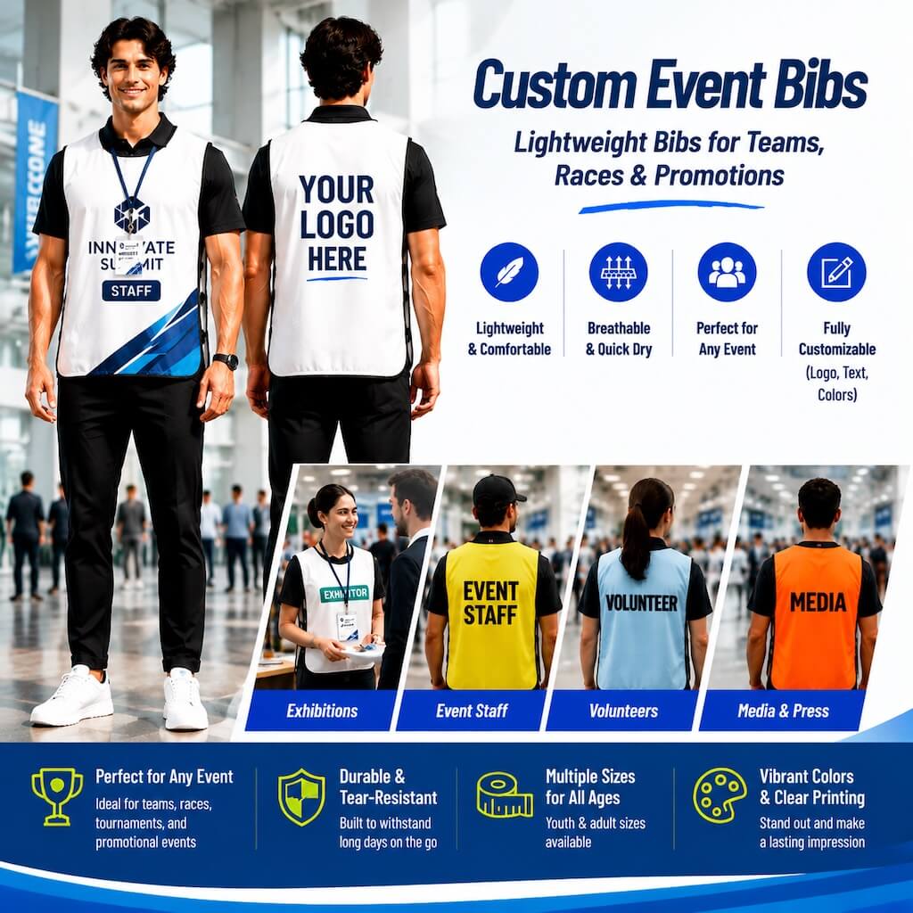 Custom event bibs shown on a model from both front and back views, with text highlighting features like lightweight comfort, quick dry, and suitability for teams, races, and promotions. Five smaller inset photos show different colored bibs worn by volunteers, media, and staff in event settings.