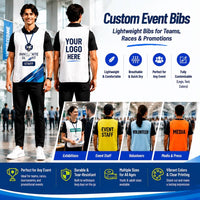 Custom event bibs shown on a model from both front and back views, with text highlighting features like lightweight comfort, quick dry, and suitability for teams, races, and promotions. Five smaller inset photos show different colored bibs worn by volunteers, media, and staff in event settings.