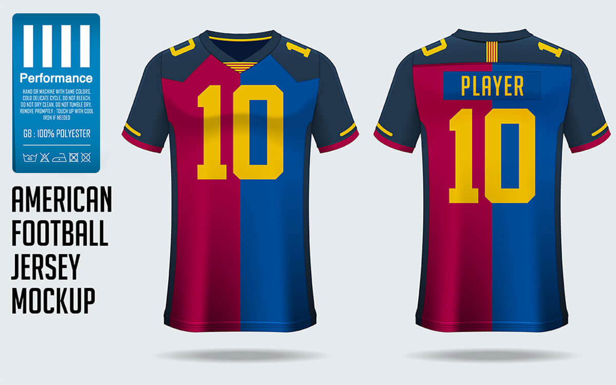 Front and back view of a blue and maroon American football jersey with yellow accents, the number 10, and "PLAYER" on the back. A performance label appears to the left.