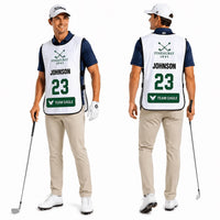 Two views of a male golfer modeling a white custom golf bib vest with green and navy details, shown from the front and back against a white studio background.