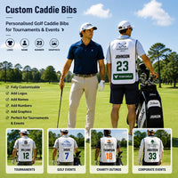 Customizable golf caddie bibs promotional graphic showing two golfers on a golf course, with front and back views of printed custom bib designs. The image includes text for customization options and four example event layouts: tournaments, golf events, charity outings, and corporate events.