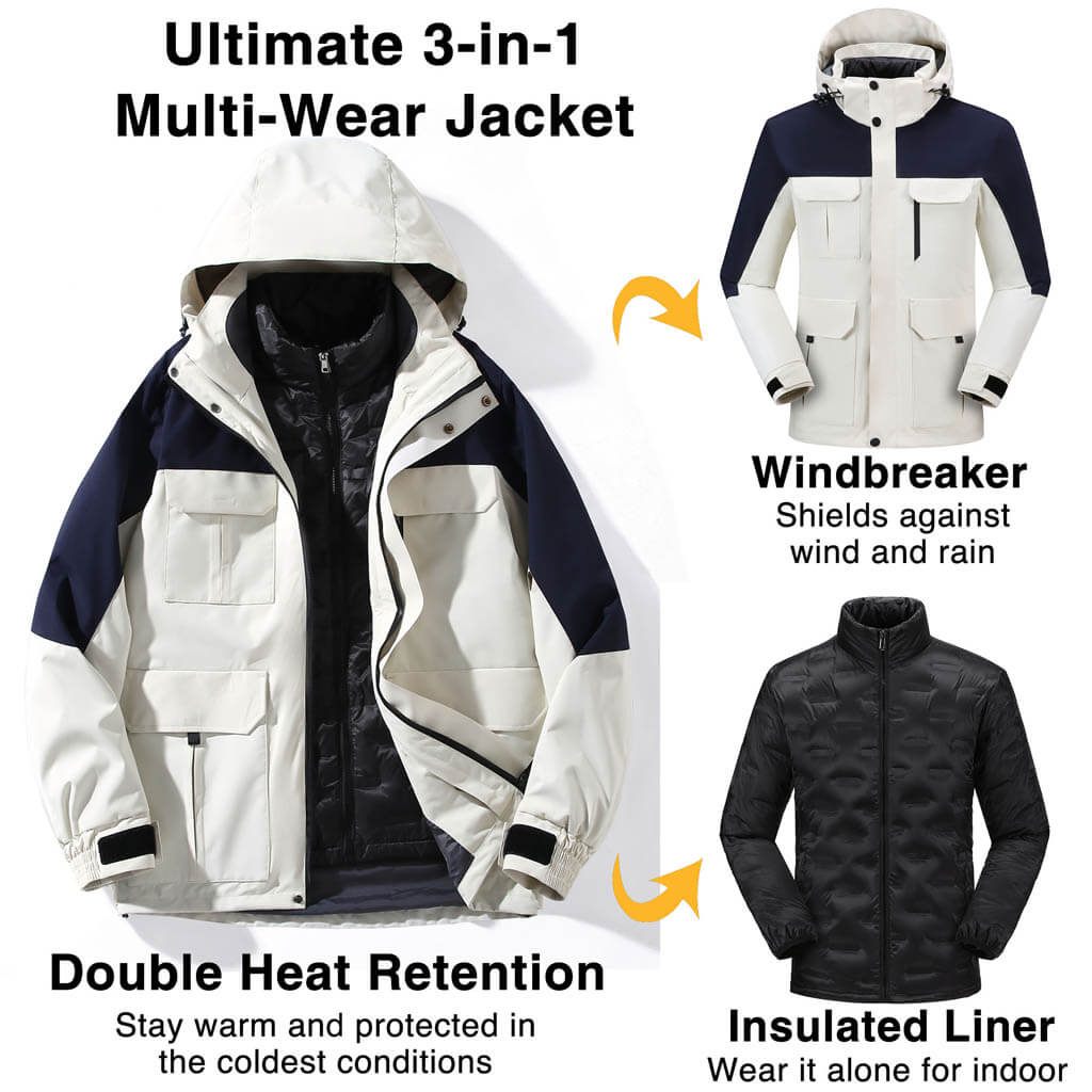 Men's 3-in-1 convertible jacket with detachable down core for adjustable warmth.