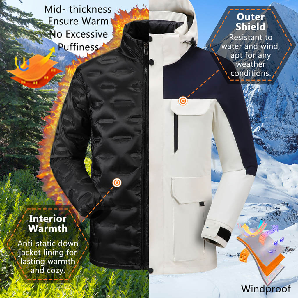 Men's 3-in-1 convertible jacket with a warm down core, featuring zip-off layers for versatile wear.