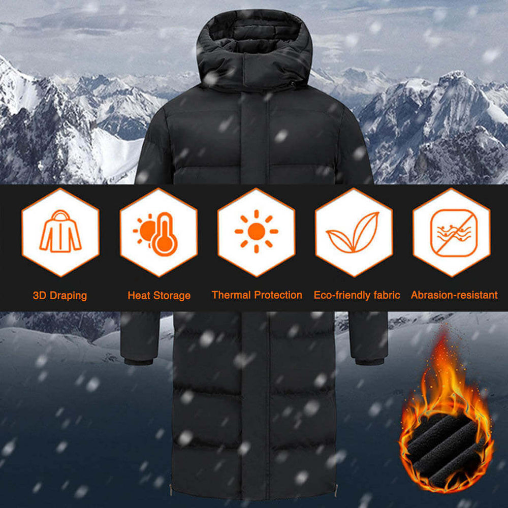 A black winter parka is displayed against a snowy mountain background, highlighting its 3D draping, heat storage, thermal protection, eco-friendly fabric, and abrasion resistance.