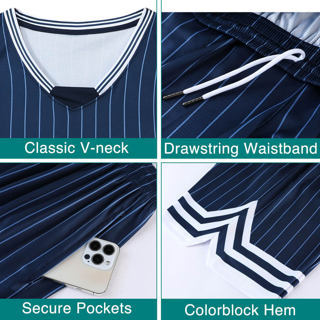 Navy blue and white striped shirt with drawstring waistband, secure pockets, and colorblock hem.