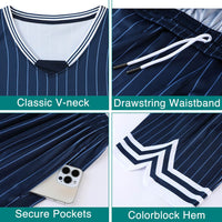 Navy blue and white striped shirt with drawstring waistband, secure pockets, and colorblock hem.