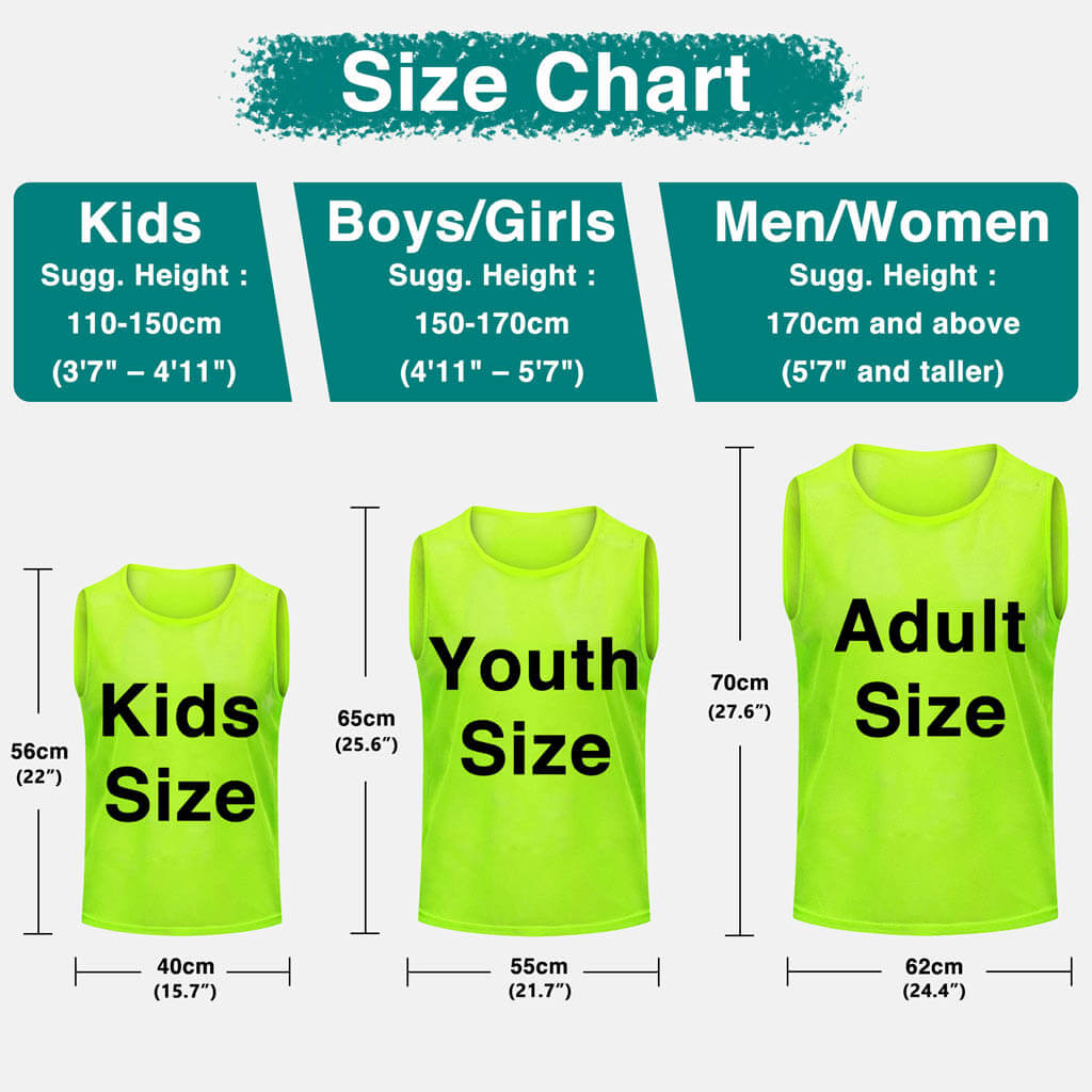 Size chart showing suggested heights and measurements for kids, youth, and adult neon green vests, with sizes and dimensions listed below each vest.