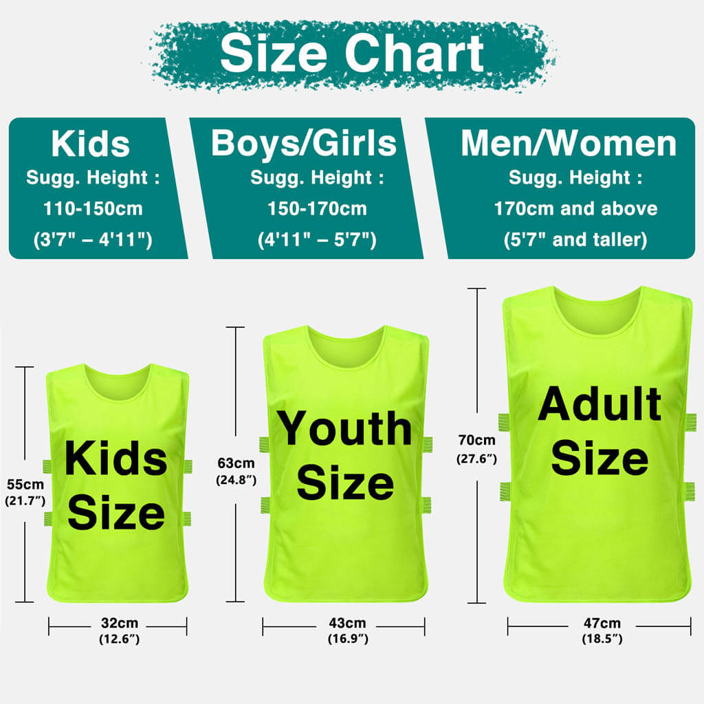 Size chart for kids, boys/girls, and men/women with green pinnies indicating size differences.