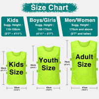 Size chart for kids, boys/girls, and men/women with green pinnies indicating size differences.