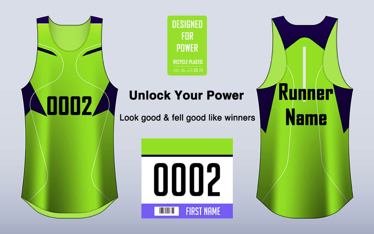 Front and back view of a green running singlet with the number 0002, labeled "Runner Name" on the back, and a race bib reading "0002 FIRST NAME.