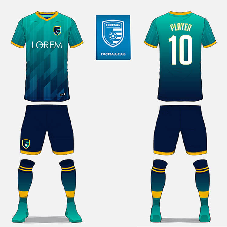 Front and back view of a teal and navy football kit with yellow accents, featuring the number 10 and "PLAYER" on the back. A club badge and logo are displayed above.