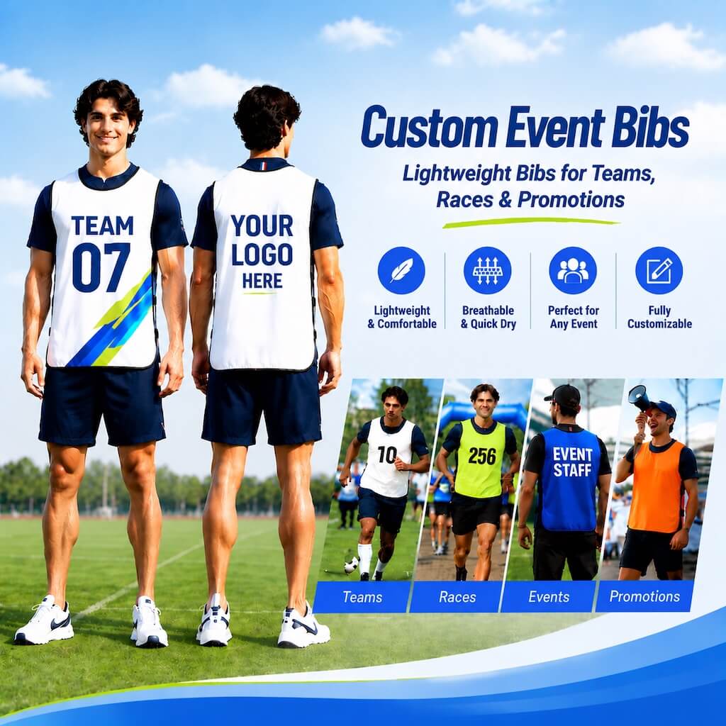 Custom sports pinnies with logo in adult and youth sizes, lightweight multi-purpose slip-on bibs for teams, schools, races, sports events and promotions.