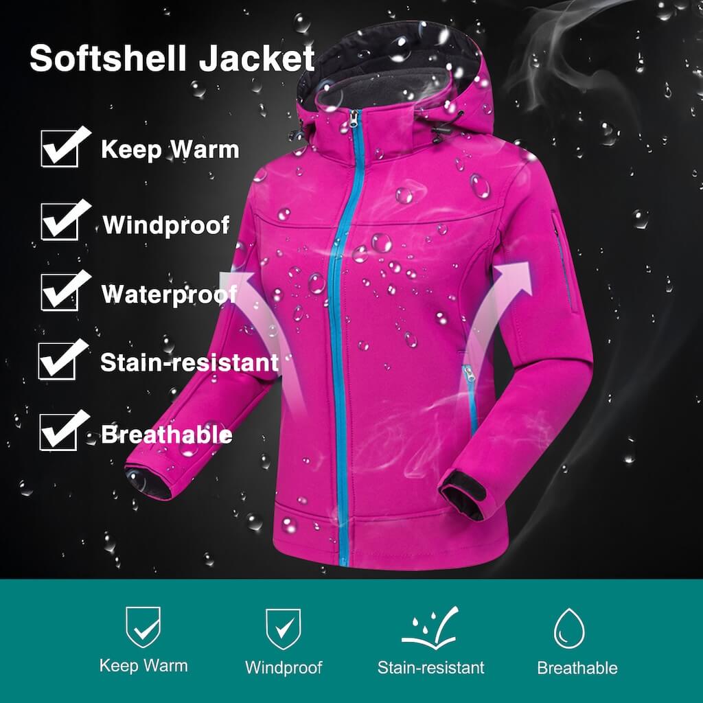 A bright pink softshell jacket with blue zippers is shown with water droplets, highlighting features: keep warm, windproof, waterproof, stain-resistant, and breathable.