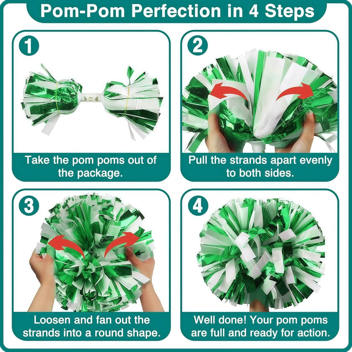 Step-by-step instructions with images show how to fluff green and white pom-poms: unpack, pull strands apart, fan out, and finish with fully shaped pom-poms.