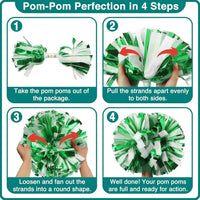 Step-by-step instructions with images show how to fluff green and white pom-poms: unpack, pull strands apart, fan out, and finish with fully shaped pom-poms.