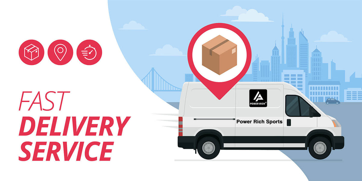A Power Rich Sports delivery van drives in a city with a large package location pin above it. The text reads "Fast Delivery Service.