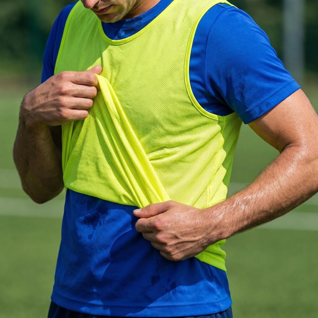 A close-up of a man wearing a bright neon yellow athletic training bib over a blue t-shirt on a grassy field. He is pulling the bib slightly inward with both hands.
