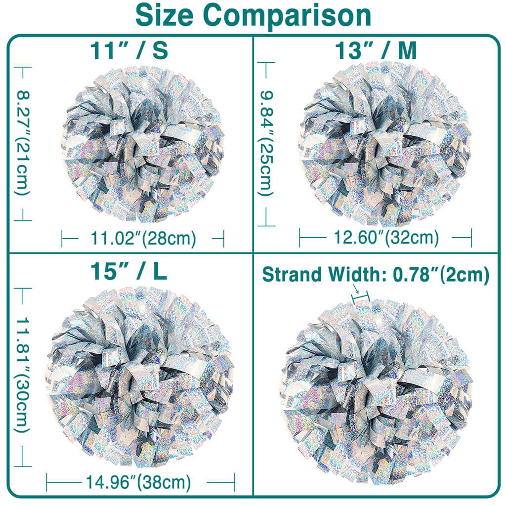 Size comparison chart for decorative strands with measurements in inches and centimeters.