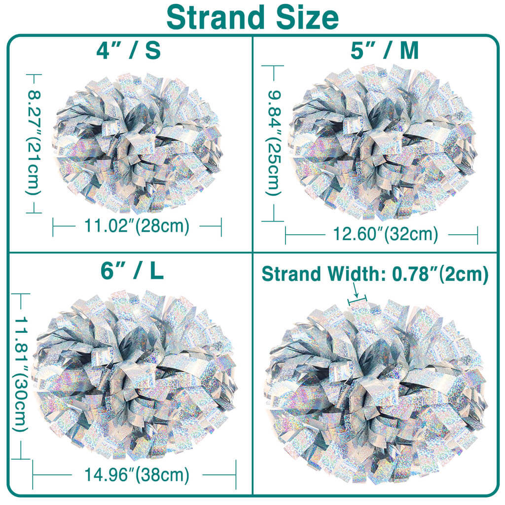 Measurement chart for different sizes of decorative strands with labeled dimensions.