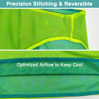 Close-up of a green mesh fabric with teal trim, showcasing detailed stitching. Text highlights features: "Precision Stitching & Reversible" and "Optimized Airflow to Keep Cool.