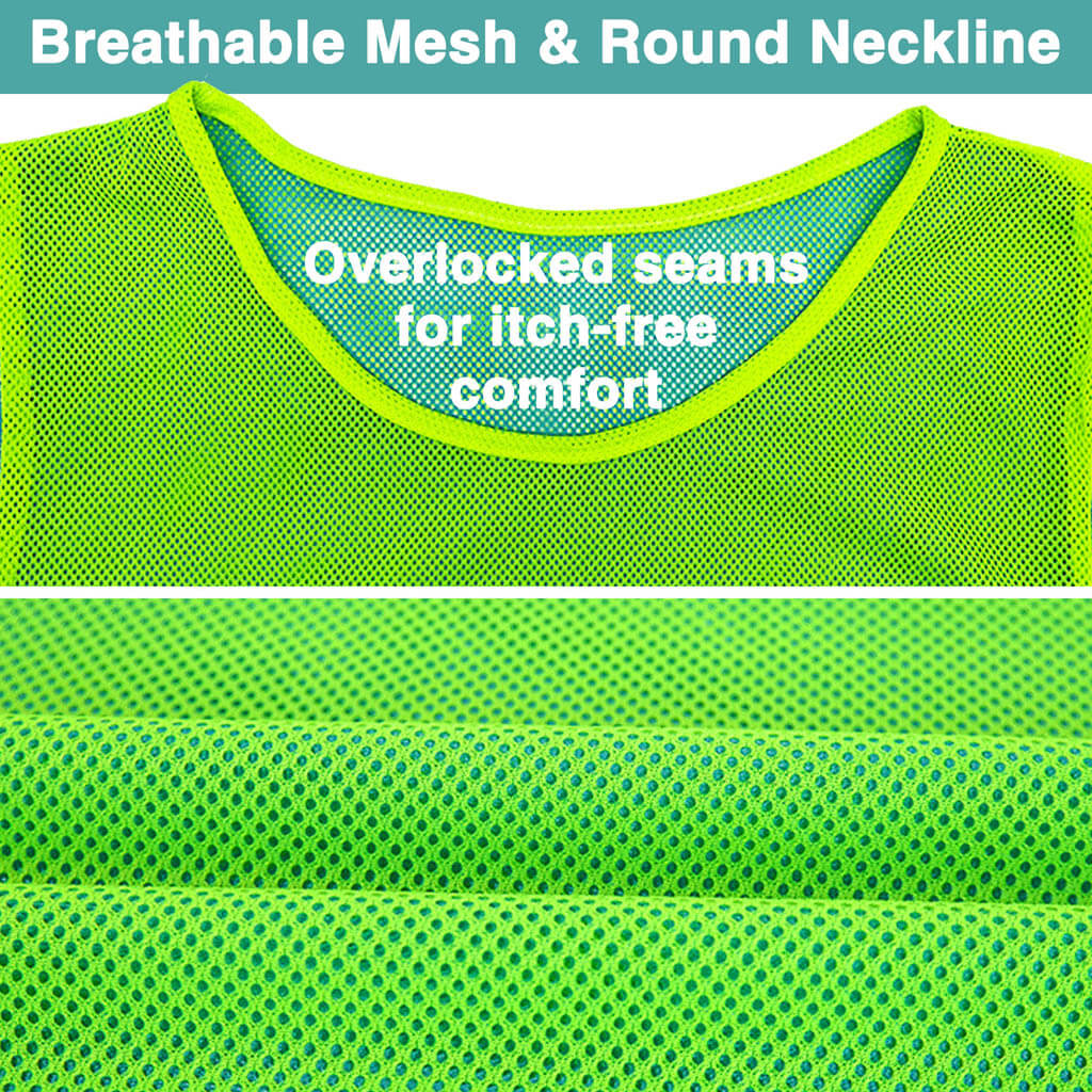 Close-up of a green breathable mesh fabric shirt with a round neckline and overlocked seams, highlighting its itch-free comfort features.