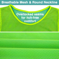 Close-up of a green breathable mesh fabric shirt with a round neckline and overlocked seams, highlighting its itch-free comfort features.
