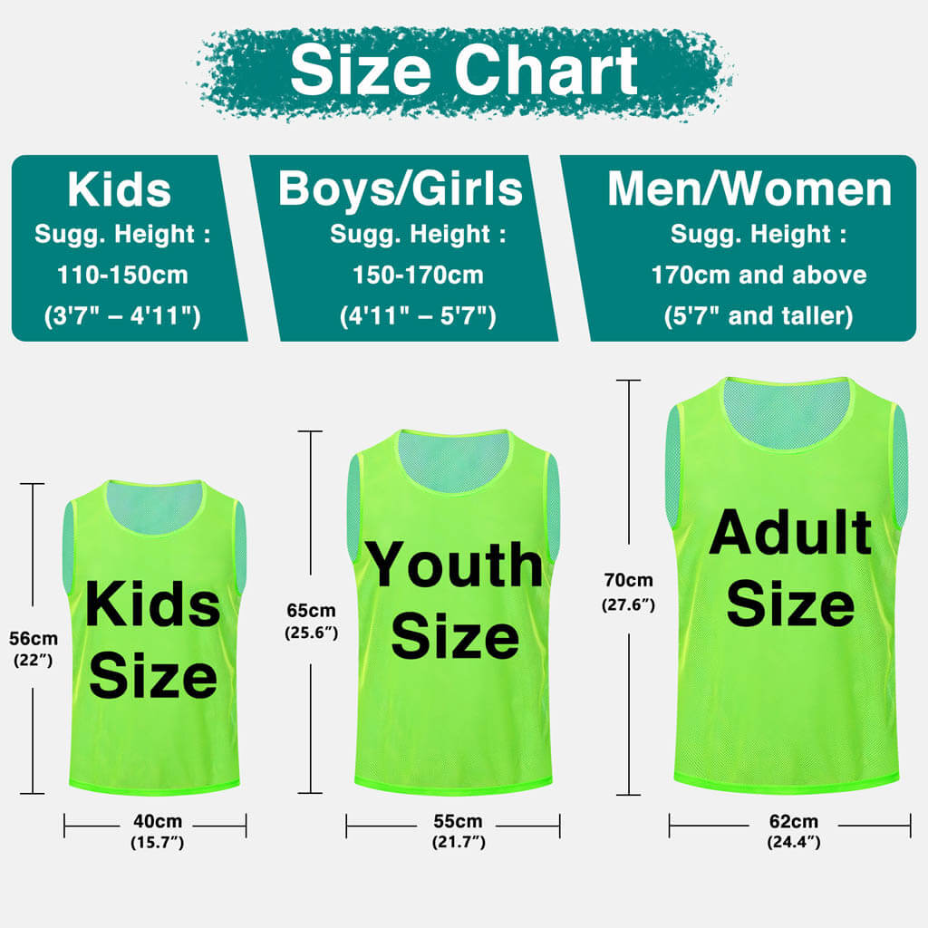 Size chart displays neon green reversible mesh pinnies labeled Kids, Youth, and Adult sizes, with suggested height ranges and vest measurements in centimeters and inches.