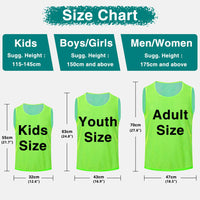 Size chart showing fluorescent green jerseys labeled Kids Size, Youth Size, and Adult Size with corresponding heights and measurements in centimeters and inches.